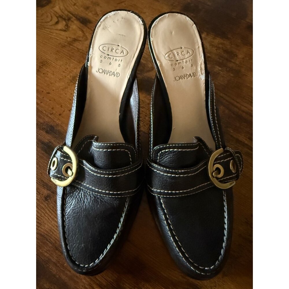 Vintage Circa Joan & David Black Leather Heeled Loafers With Gold Accent Buckles - Picture 4 of 7